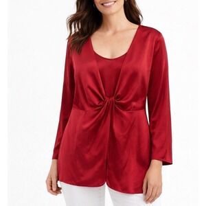 Rose & Olive Womens 1X Plus Burgundy Red Satin Twist Front V-Neck Blouse Top